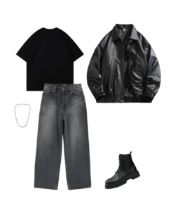 MS001 - Áo khoác da Bomber & Quần Jeans Wide-leg