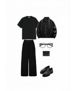 MS012 - Áo khoác da đen & Quần tây đen ống rộng