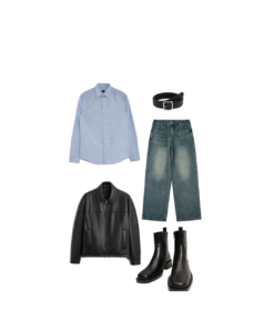 MS010 - Sơ mi xanh nhạt & Quần jeans ống rộng