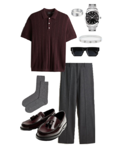MS003 - Polo Len Burgundy & Quần tây Charcoal Straight-fit